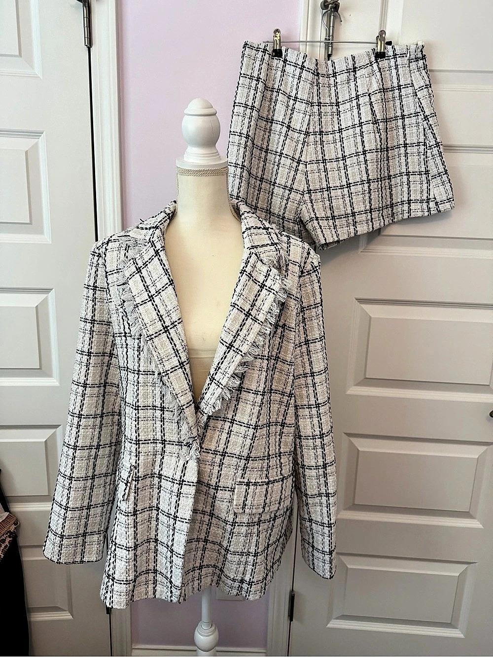 SHEIN Plaid Tweed Blazer Set Size